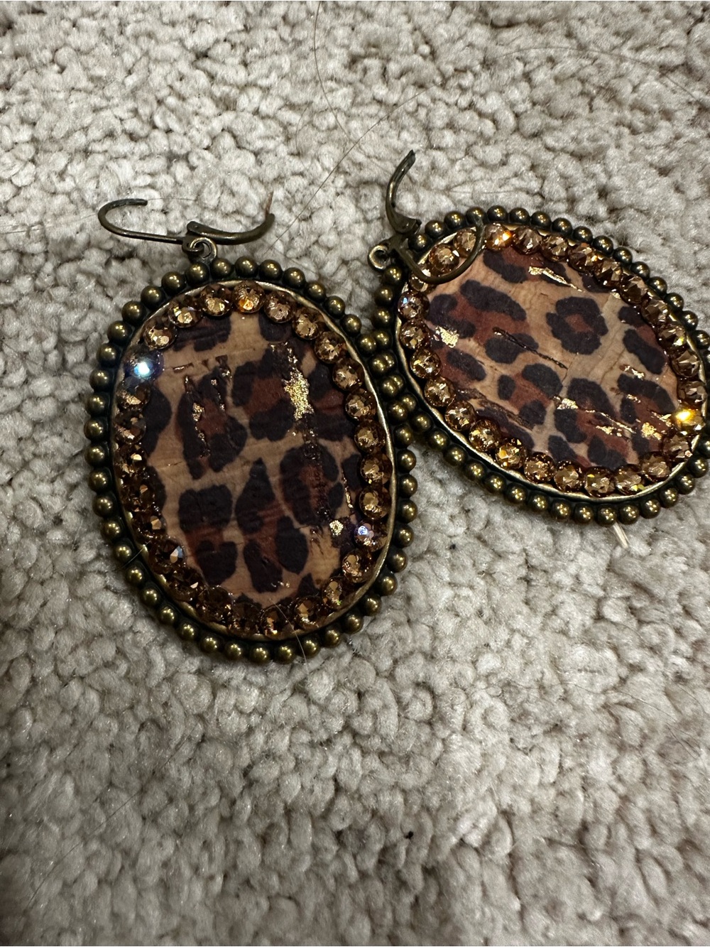 Leopard Print Oval Drop Earrings with Gold Beaded Frame